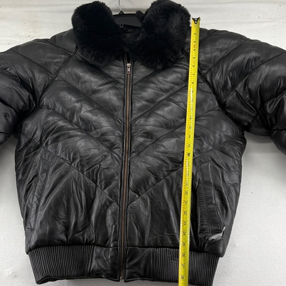 Black Leather Puffer Jacket with Fur Collar 3XL - Picture 8 of 16